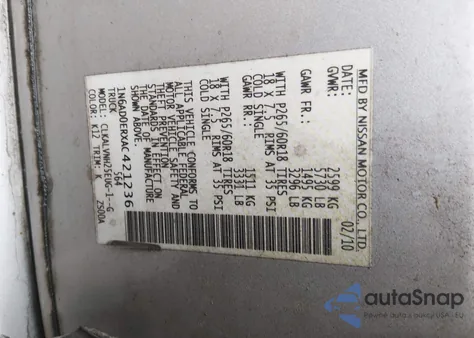 2010 Nissan Frontier Le z USA, uszkodzony, nr VIN 1N6AD0ERXAC421236